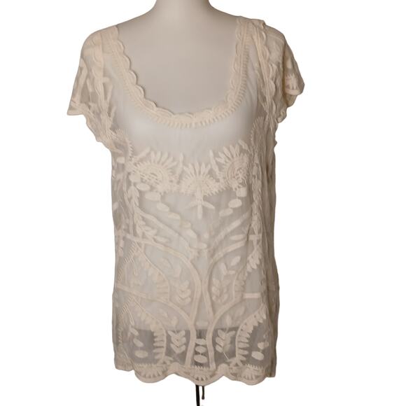 Capri Sioni sheer layer blouse embroidered mesh top cream Medium lace - Picture 1 of 9